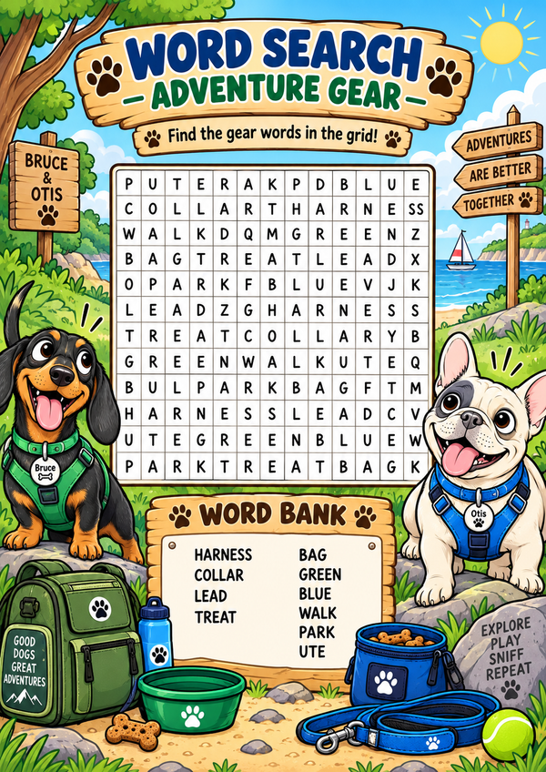 Bruce & Otis Adventure Gear Word Search | FREE Printable
