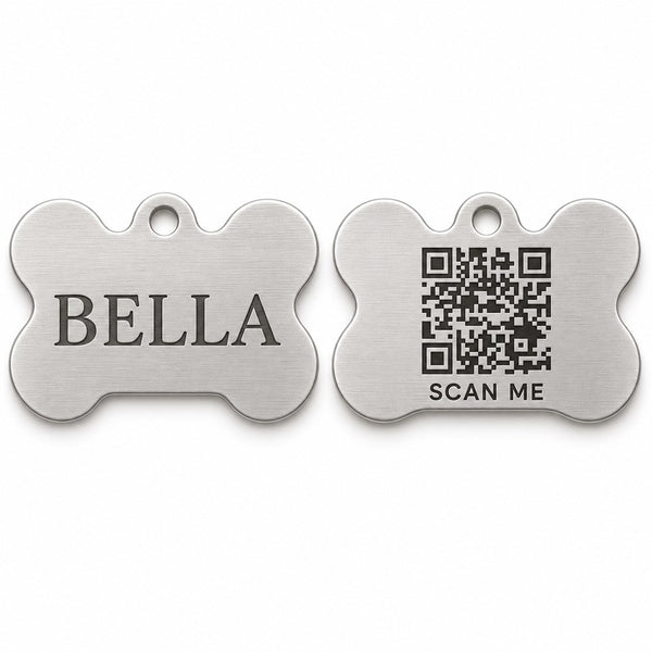 Bone · Stainless Collarmate Tag, engraved front and QR code back