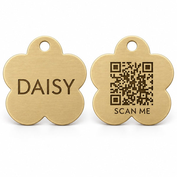 Flower · Brass Collarmate Tag, engraved front and QR code back