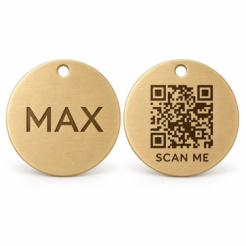 Round brass Collarmate Tag showing an engraved name on the front and a QR code on the back