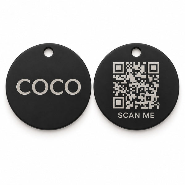 Round · Matt black Collarmate Tag, engraved front and QR code back