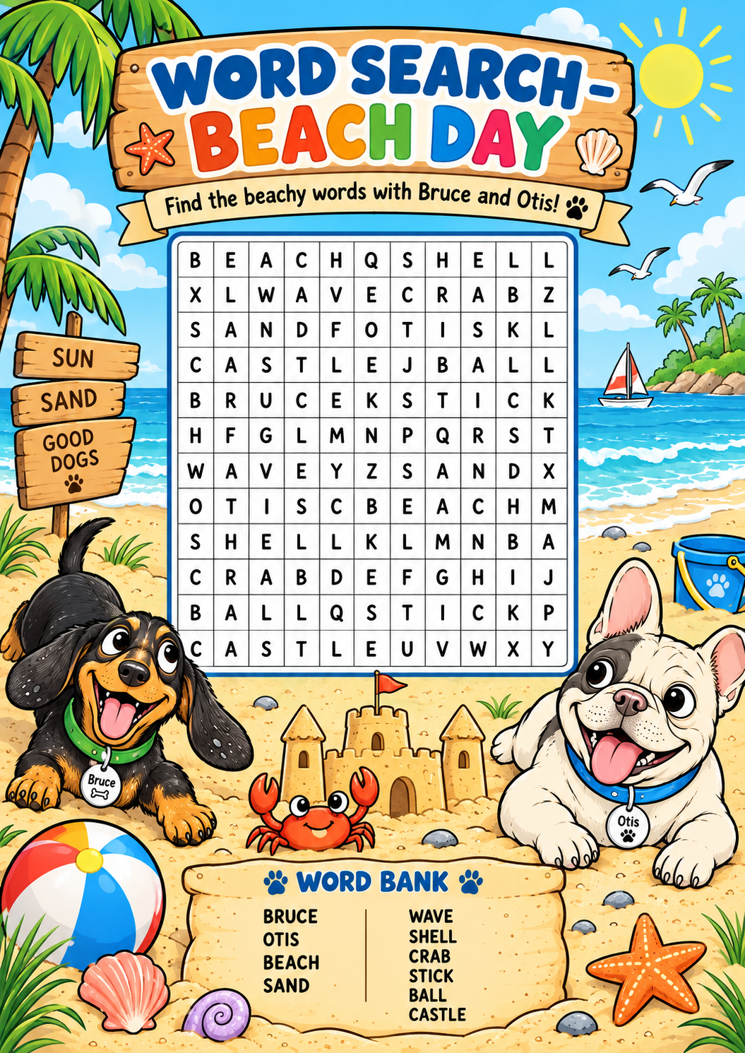 A colorful beach-themed word search activity sheet titled 'WORD SEARCH - BEACH DAY' with a grid of words, a word bank, and cartoon dogs, a crab, sandcastle, palm tree, ocean, and beach accessories.