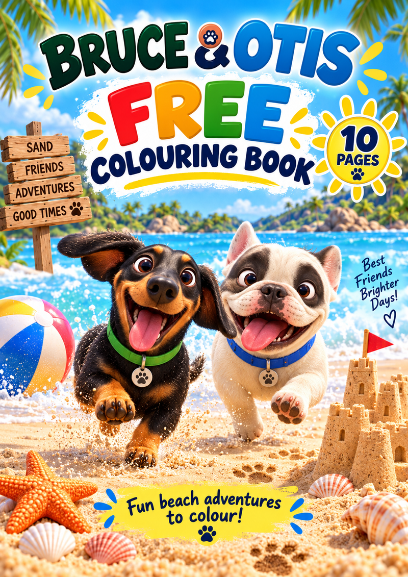 Front cover of a children's coloring book titled "Bruce & Otis Free Colouring Book" with two dogs running on a beach, colorful title text, a "10 Pages" badge, and beach-themed illustrations.