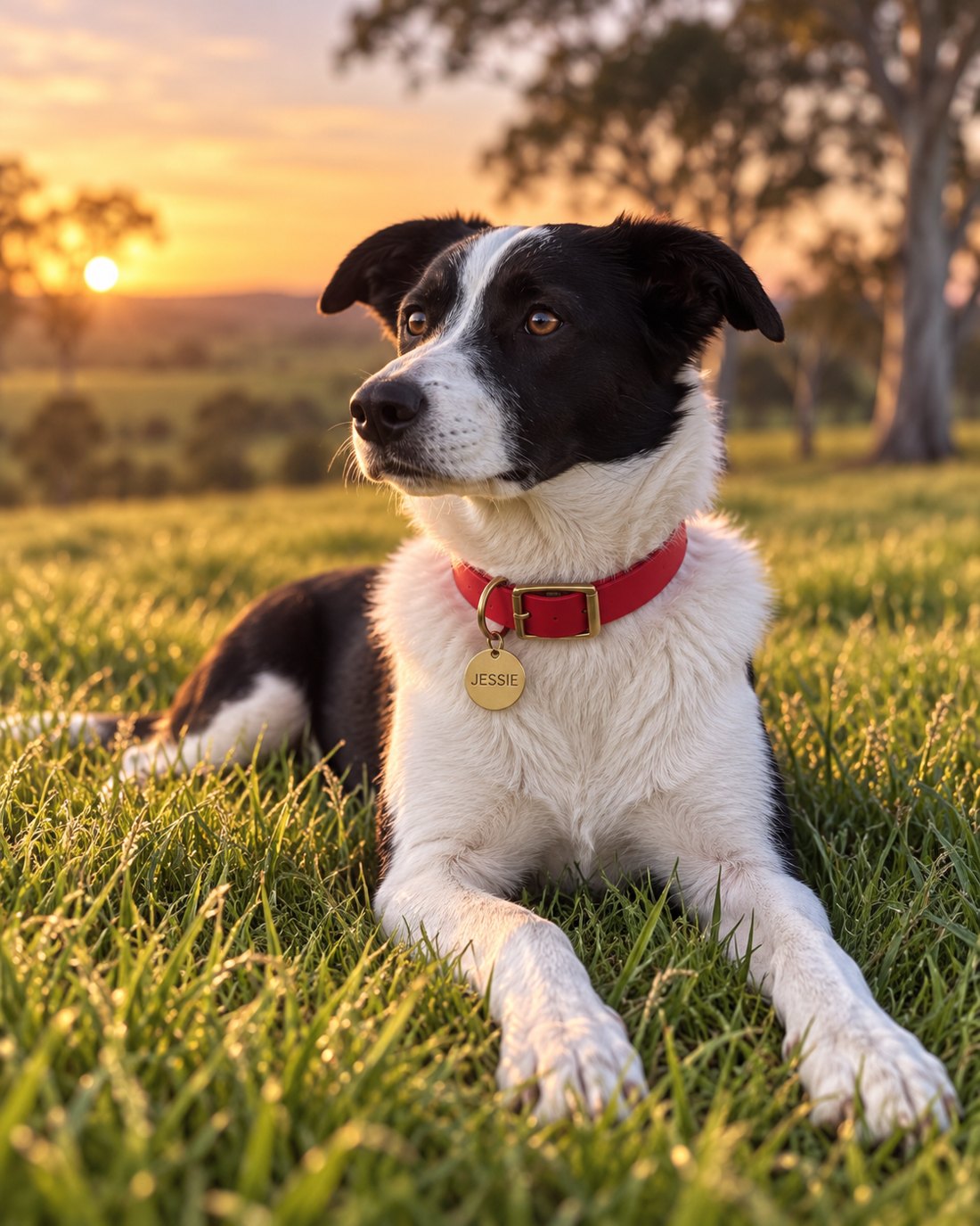 Border collie lying in a paddock at sunset wearing a red collar and a round brass Collarmate Tag engraved with the name Jessie