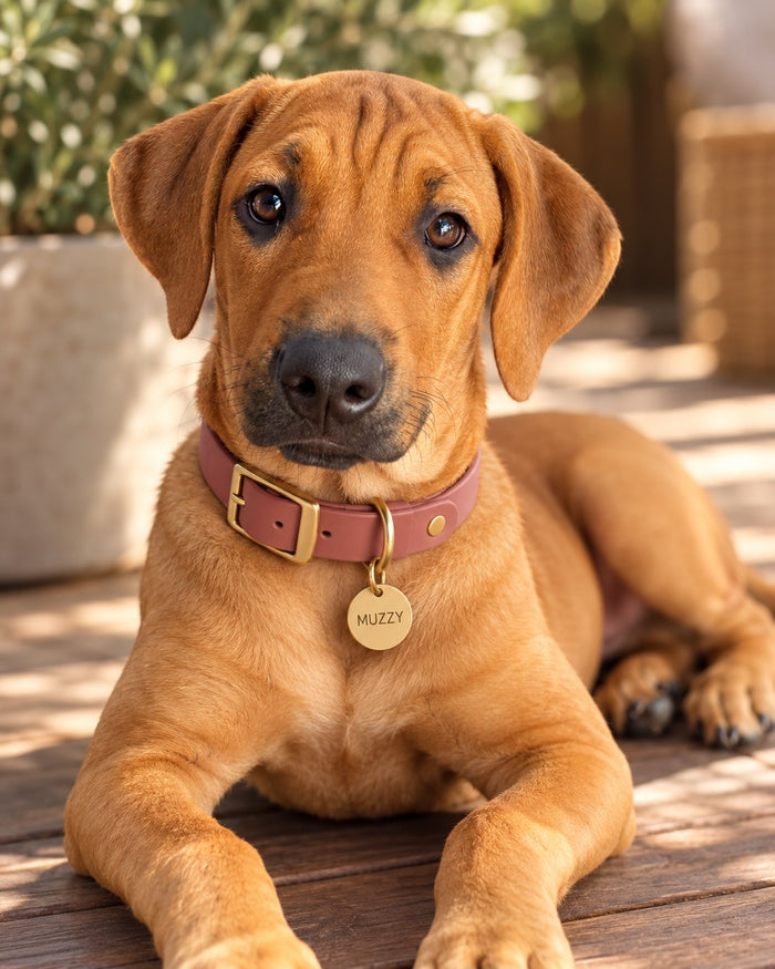Ridgeback puppy on a deck wearing a round brass Collarmate Tag engraved with the name Muzzy