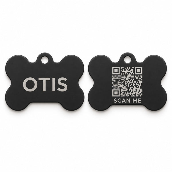 Bone · Matt black Collarmate Tag, engraved front and QR code back