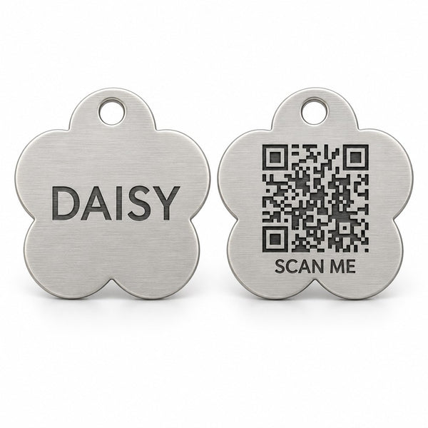 Flower · Stainless Collarmate Tag, engraved front and QR code back