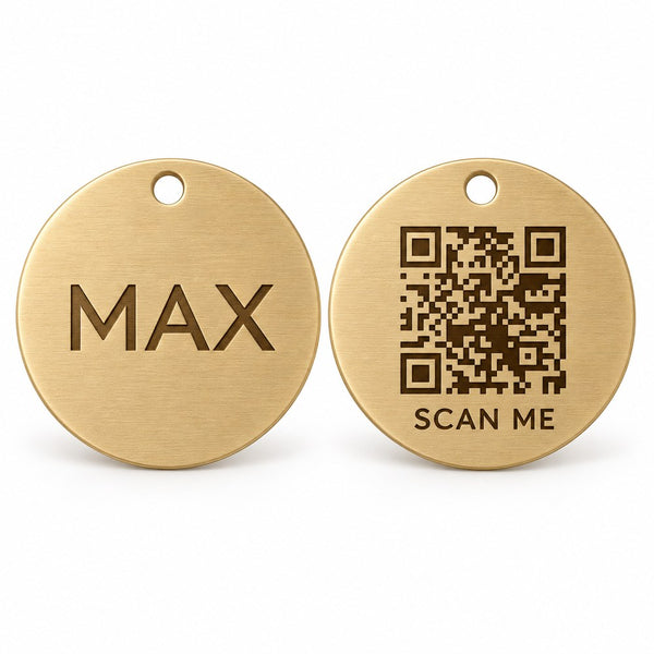 Round · Brass Collarmate Tag, engraved front and QR code back